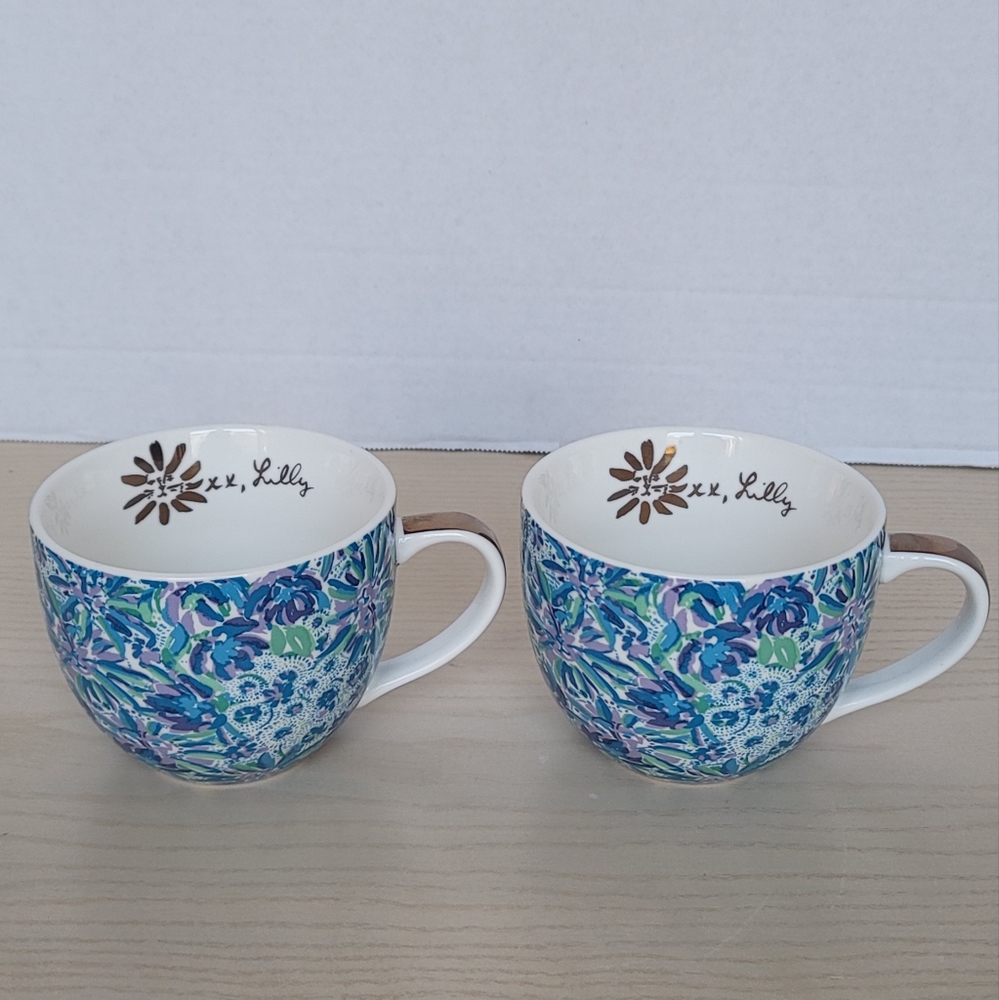 Lilly Pulitzer Ceramic Blue Floral & Paisley Lion Print Mug Set of 2